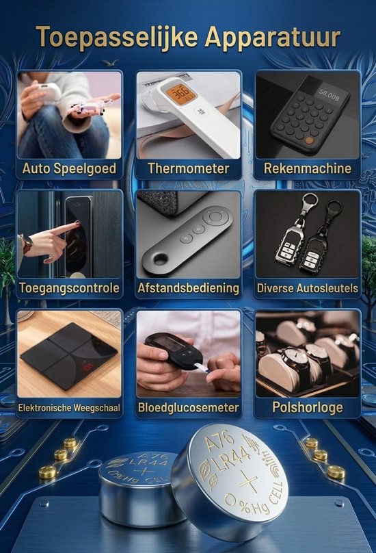 Overzicht van toepassingen voor LR44-batterijen, waaronder rekenmachines, autosleutels en polshorloges.
