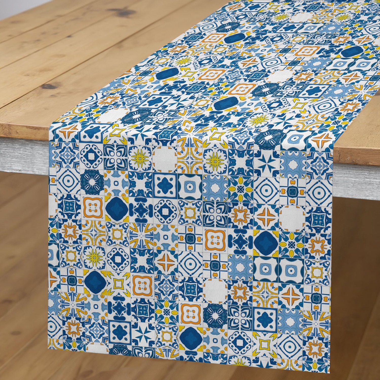 ABAKUHAUS Geel en Blauw Tafelloper, Mozaïektegel, Rechthoekige Decoratieve Tafelloper voor Eetkamer en Keuken, 40 x 180 cm, Paarsblauw Mosterd Wit