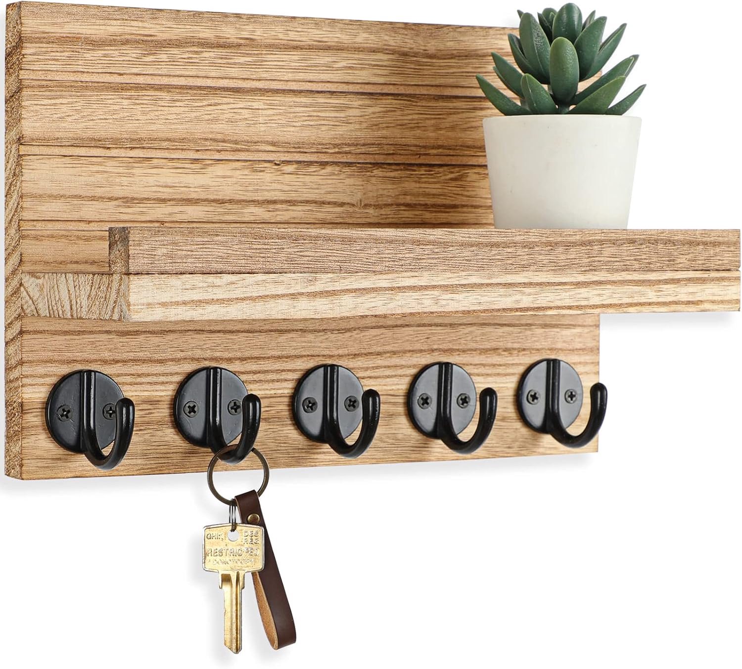 Wandplank - Sleutelhouder met Plank - Wandrek met Haken voor Sleutels en Post - Decoratieve Opbergoplossing voor Jassen en Tassen - Inclusief Bevestigingsmateriaal - Houtkleur
