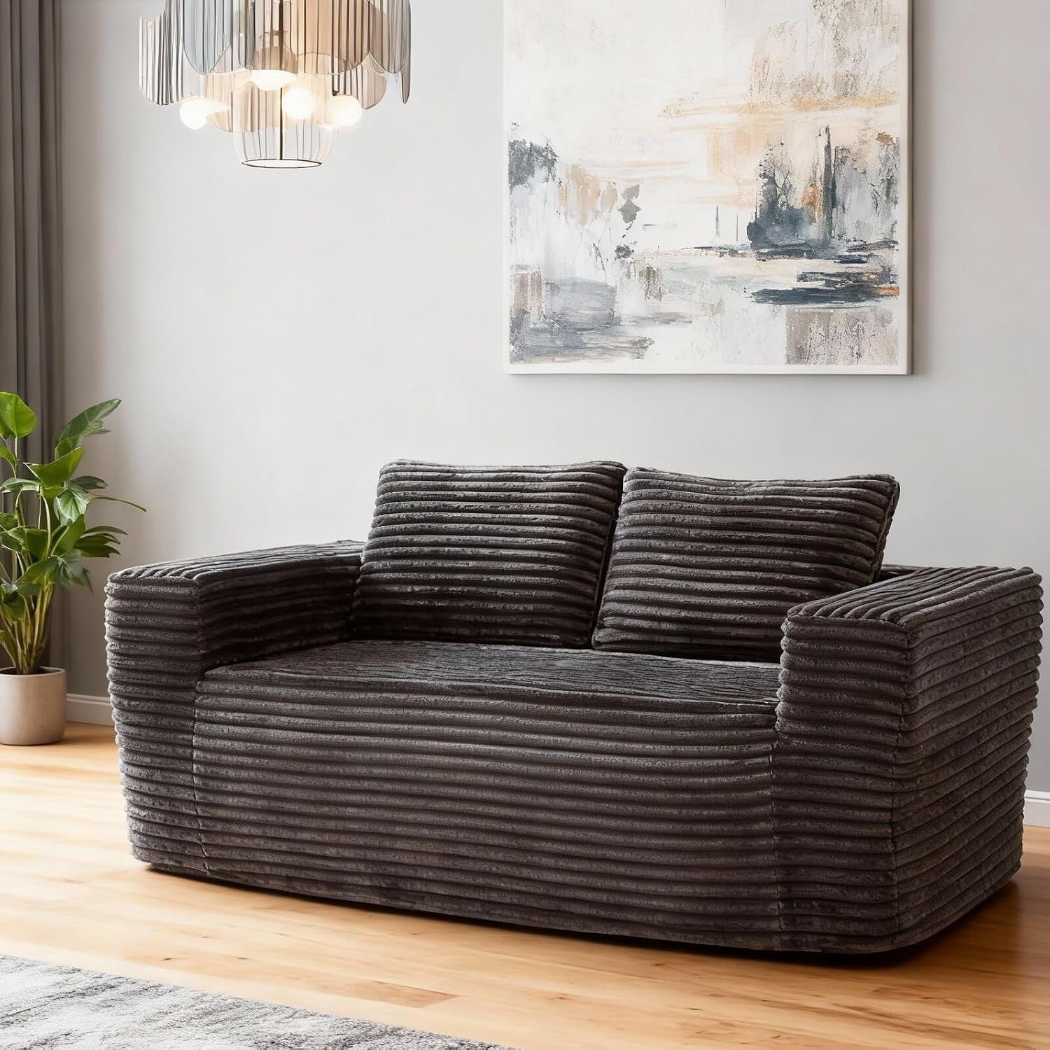 2-zitsbank van corduroy met pluche, diepe zitting zonder botten, moderne bank voor klein appartement, slaapkamer, kantoor (A-grijs)