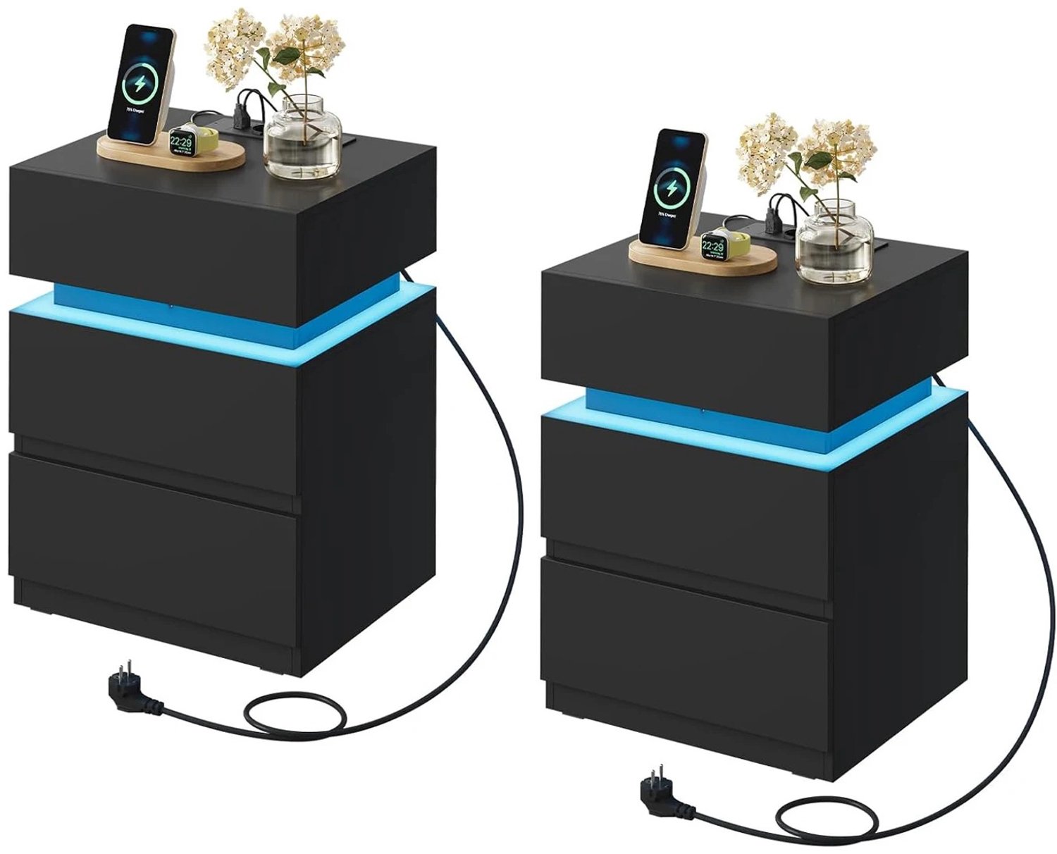 Bresht Nachtkastjes - Set van 2 - LED-verlichting - Oplaadstation - 2 Laden - USB & Stopcontacten - Zwart - 40 x 35 x 55 cm