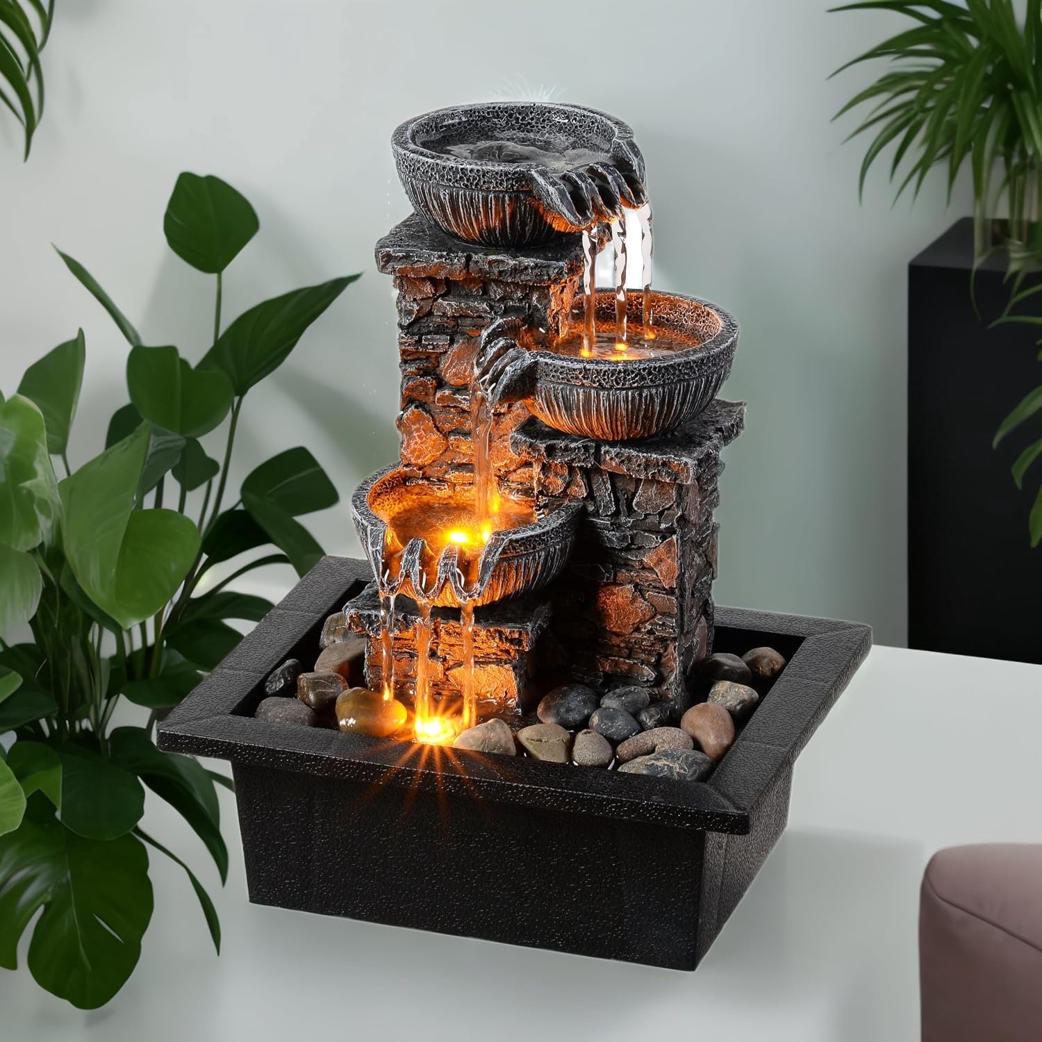 Tafelfontein, 3 kommen met ledlicht, rustgevend waterstromende geluidsfontein Zen/meditatie thuis/kantoordecoratie, thuisdecoratie, ontspanning, binnen (23113)