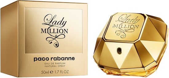 Lady Million Eau de Parfum van Paco Rabanne, 50ml, met bijpassende gouden doos.