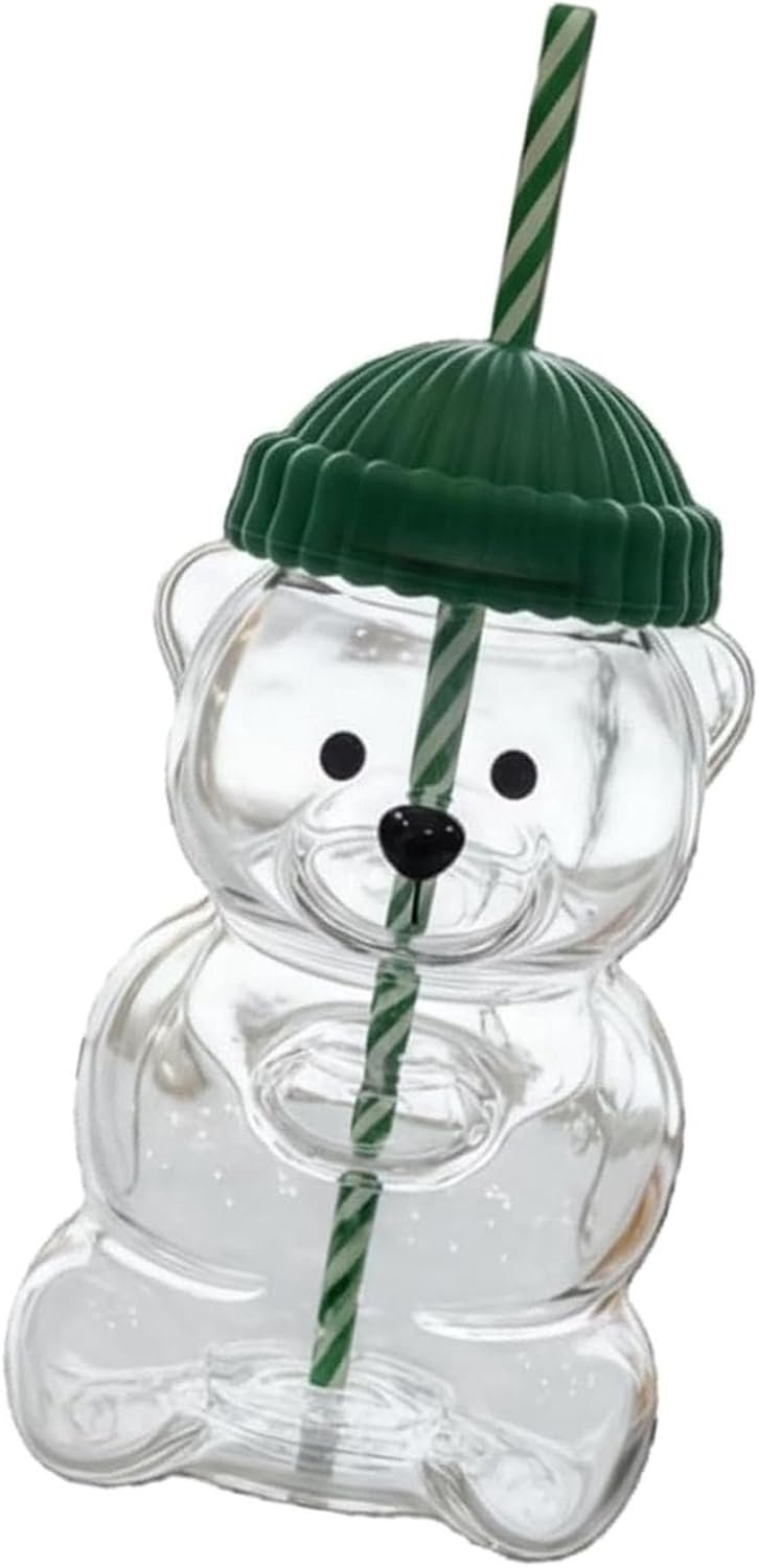 Beker met Beertje en Rietje, Schattige Babybeker met Rietje, Glazen Beker Teddybeer, Drinkbeker Babybeertje, 590 Ml Borosilicaatglazen Mok Deksel en voo