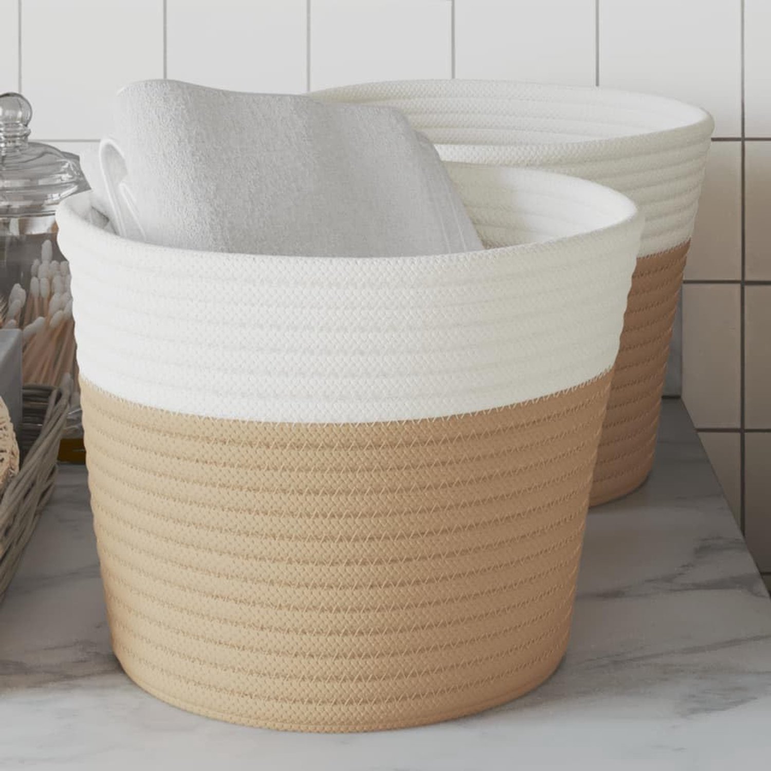 Set van 2 opbergmanden, katoen, ronde manden, diameter 24 x 18 cm, voor speelgoed, planken en woonkamer, beige en wit