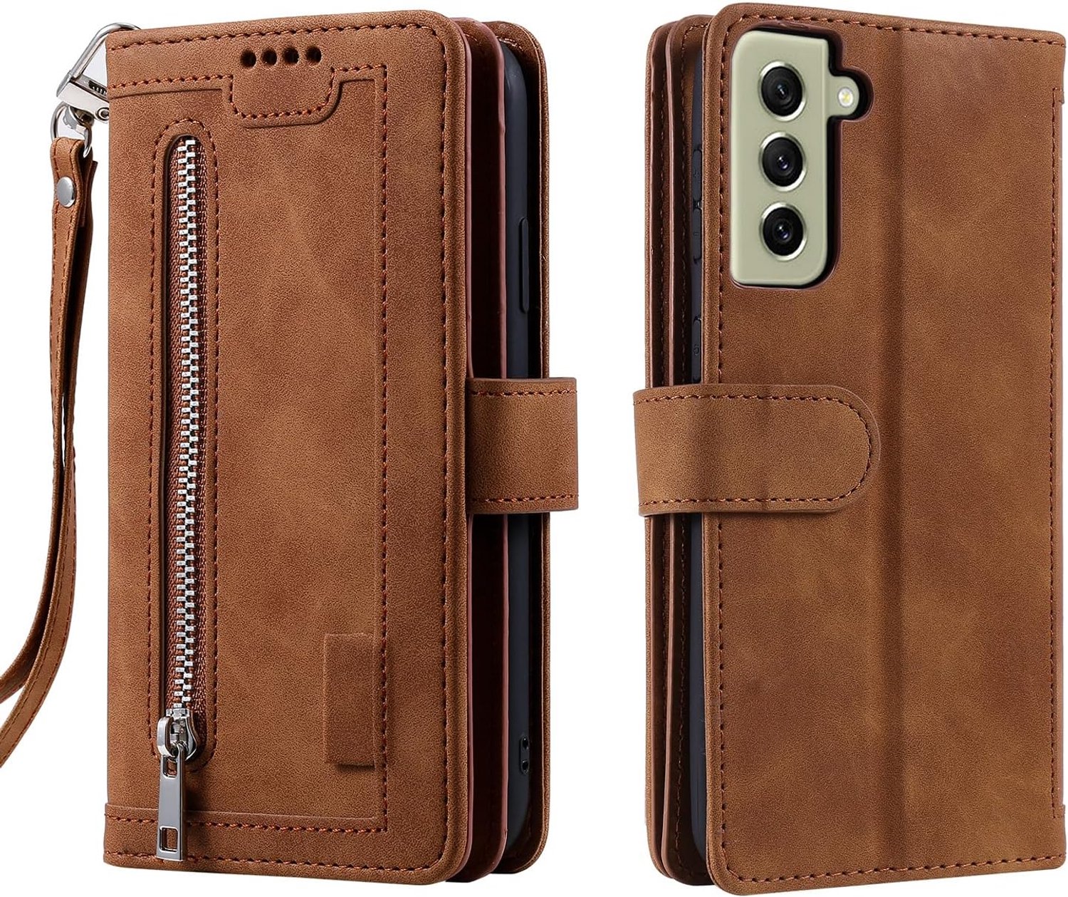 Hoes voor mobiele telefoon voor Samsung Galaxy S21 FE, hoes, inklapbaar, telefoonhoes, beschermhoes, klaphoes met standfunctie, kaartenvak, mobiele telefoon, tas, book flip case, bruin