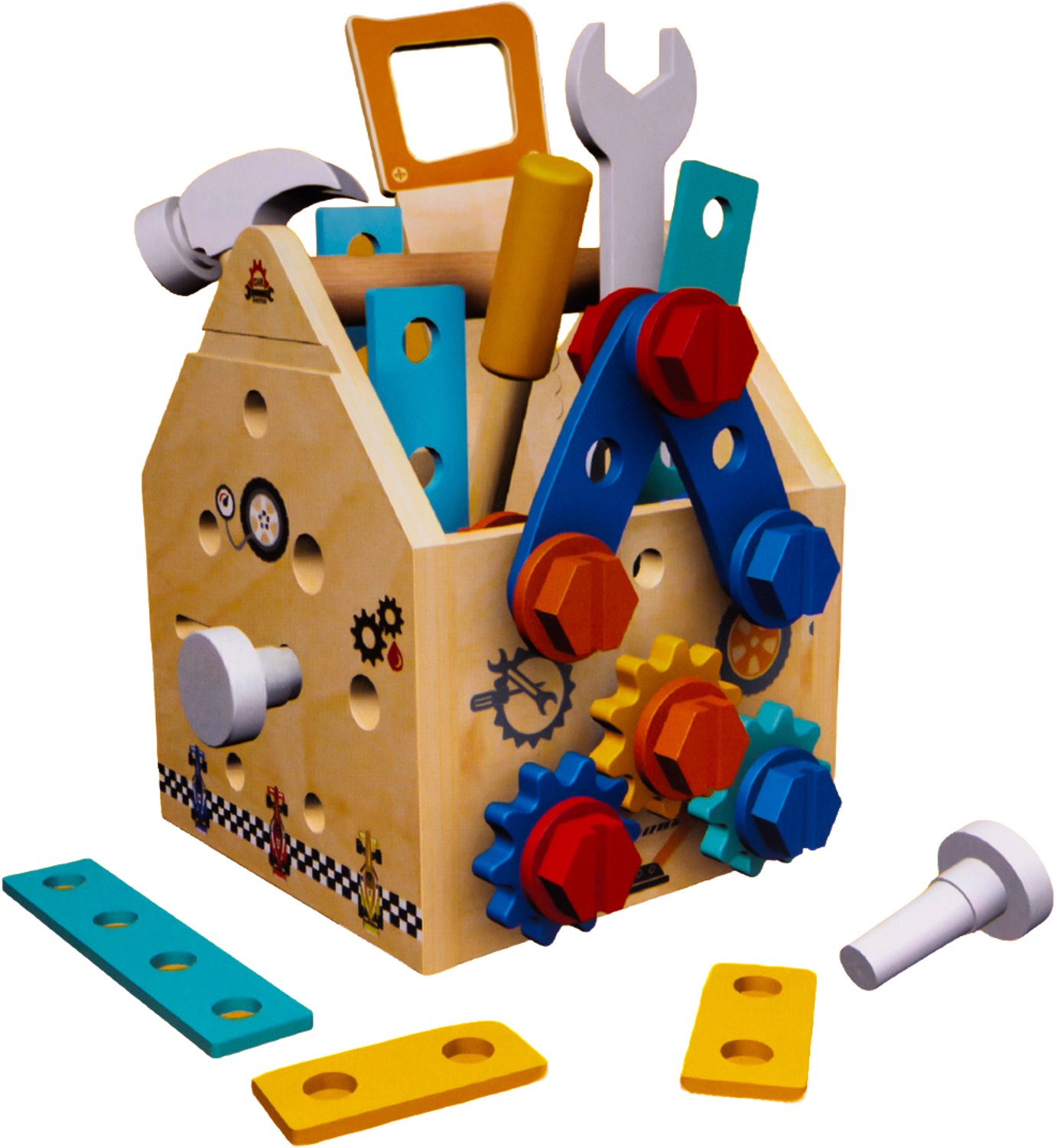 Velmio Houten Gereedschapskist voor Kinderen – Speelgoed Gereedschap – Bouwset met Hamer, Schroeven en Tandwielen – Montessori Educatief Speelgoed