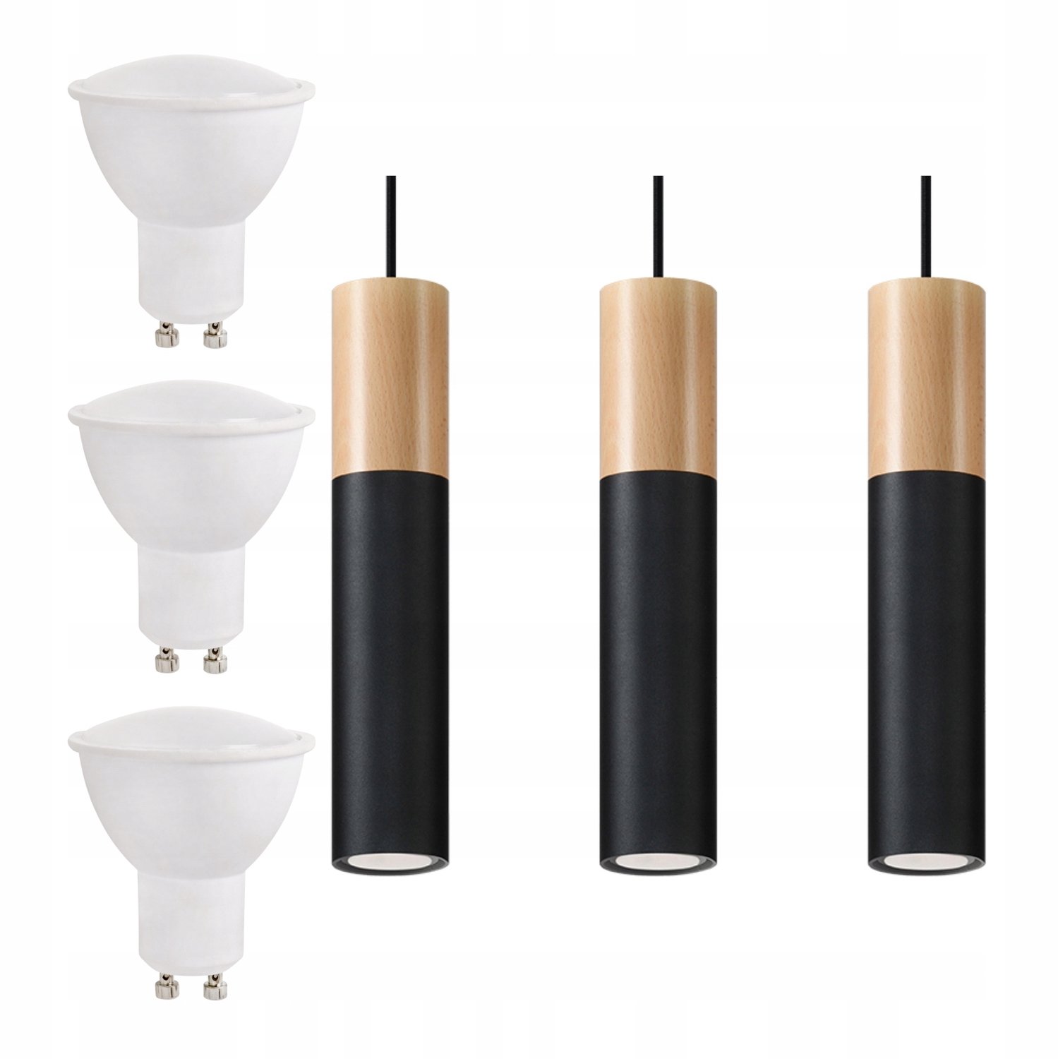 BLOKO 3 Zwarte Houten Hanglamp met LED Lampen