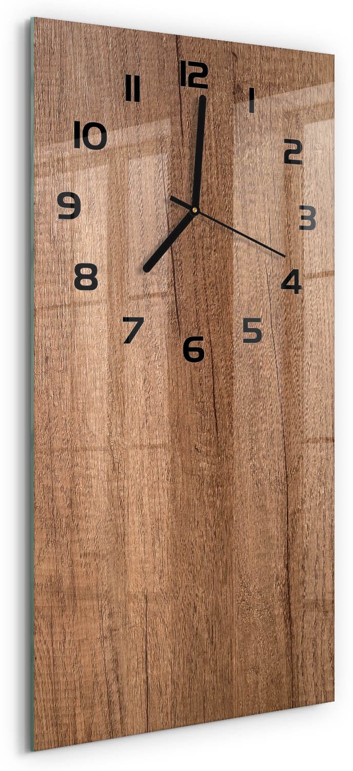 Tulup Wandklok - Houten achtergrond Wandklok Glas Met Motief - 30x60 cm - Bruin Decoratieve Glazen Klok - Zwarte handen - Rechthoekige Klok - Gekleurde Glazen Klok - Glazen Klok Met Print