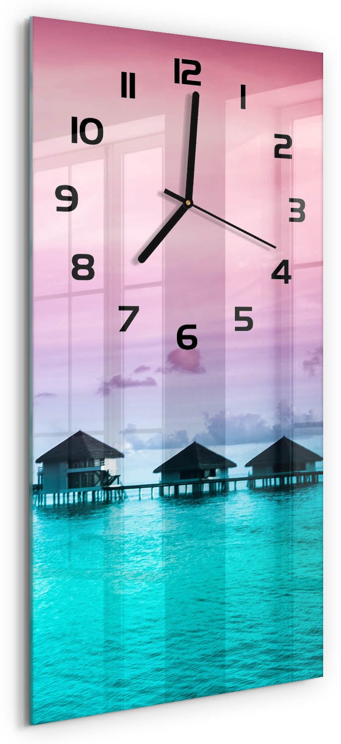 Tulup Wandklok - Bungalows aan het water Decoratieve Glazen Klok - 30x60 cm - Blauw Glazen Wandklok Design - Zwarte handen - Rechthoekige Klok - Glazen Klok Met Print - Wandklok Glas Met Motief