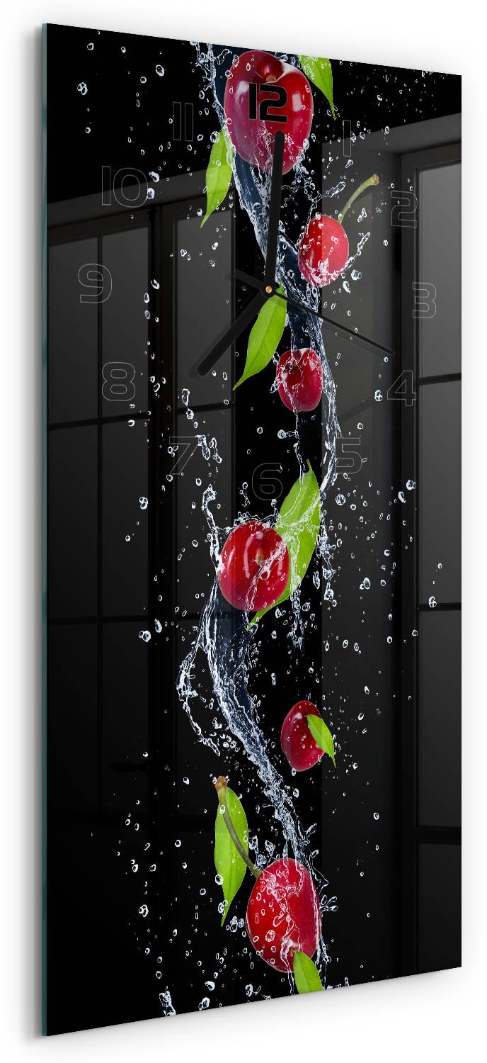Tulup Wandklok - Kersen Decoratieve Glazen Klok - 30x60 cm - Rood Glazen Wandklok Design - Zwarte handen - Rechthoekige Klok - Glazen Klok Met Print - Wandklok Glas Met Motief