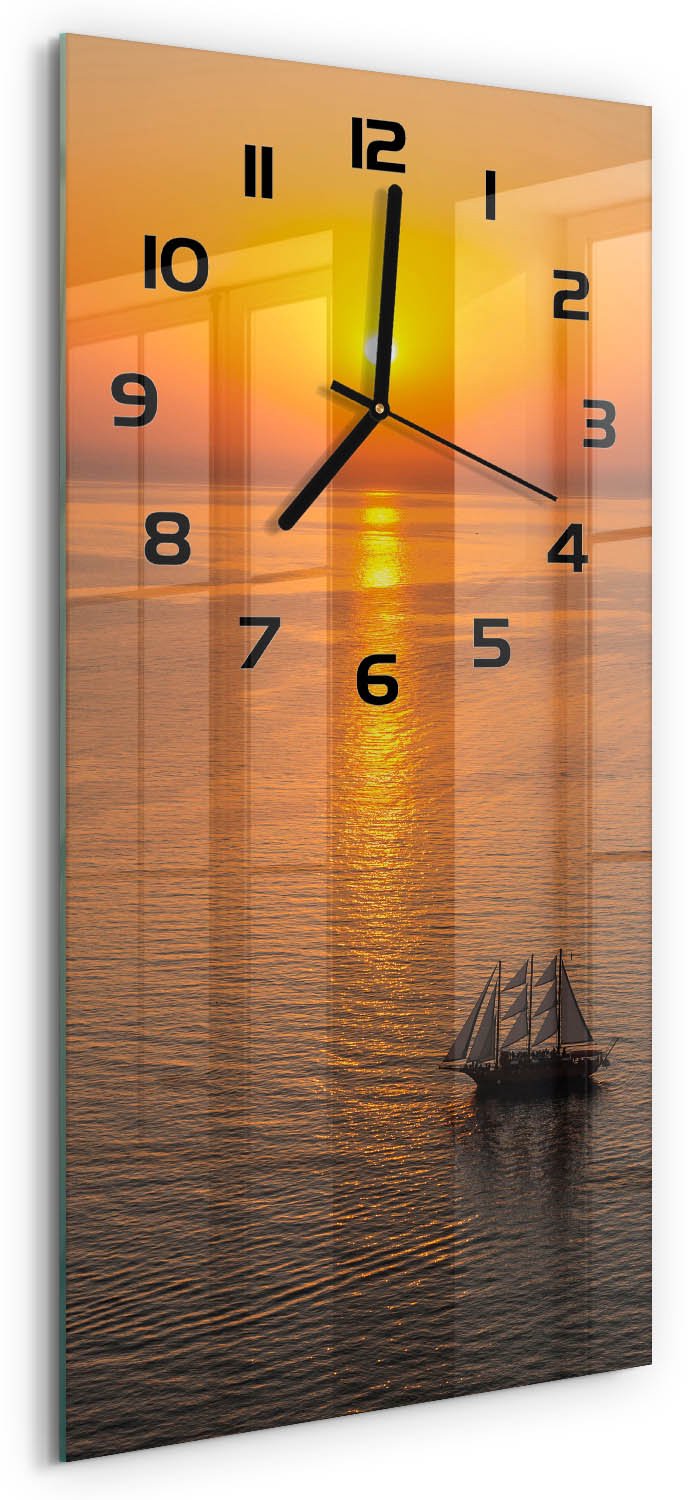 Tulup Wandklok - Zonsondergang Zee Glazen Wandklok Design - 30x60 cm - Oranje Klok Glas Met Opdruk - Zwarte handen - Rechthoekige Klok - Wandklok Glas Met Motief - Decoratieve Glazen Klok