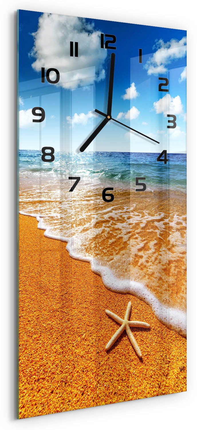 Tulup Wandklok - Zeesterren op het strand Decoratieve Glazen Klok - 30x60 cm - Oranje Glazen Wandklok Design - Zwarte handen - Rechthoekige Klok - Glazen Klok Met Print - Wandklok Glas Met Motief