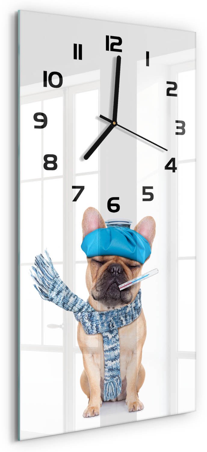 Tulup Wandklok - Zieke hond Decoratieve Glazen Klok - 30x60 cm - Blauw Glazen Wandklok Design - Zwarte handen - Rechthoekige Klok - Glazen Klok Met Print - Wandklok Glas Met Motief