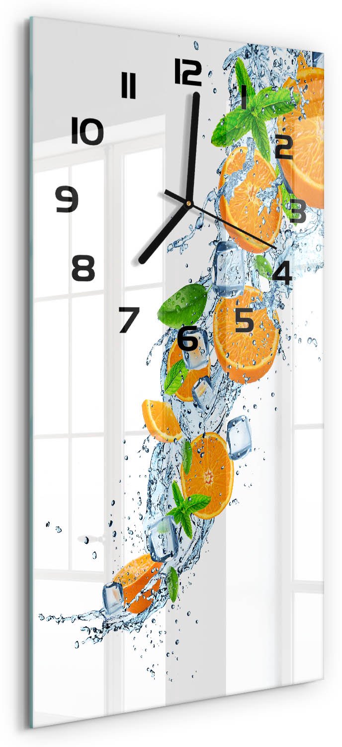 Tulup Wandklok - sinaasappels Wandklok Glas Met Motief - 30x60 cm - Oranje Decoratieve Glazen Klok - Zwarte handen - Rechthoekige Klok - Gekleurde Glazen Klok - Glazen Klok Met Print