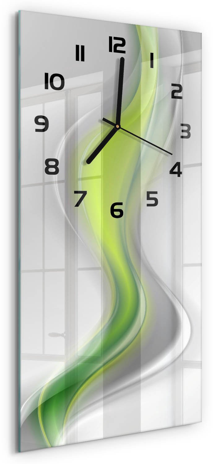 Tulup Wandklok - Golfabstractie Klok Glas Met Opdruk - 30x60 cm - Groente Moderne Wandklok Glas - Zwarte handen - Rechthoekige Klok - Decoratieve Glazen Klok - Glazen Wandklok Design