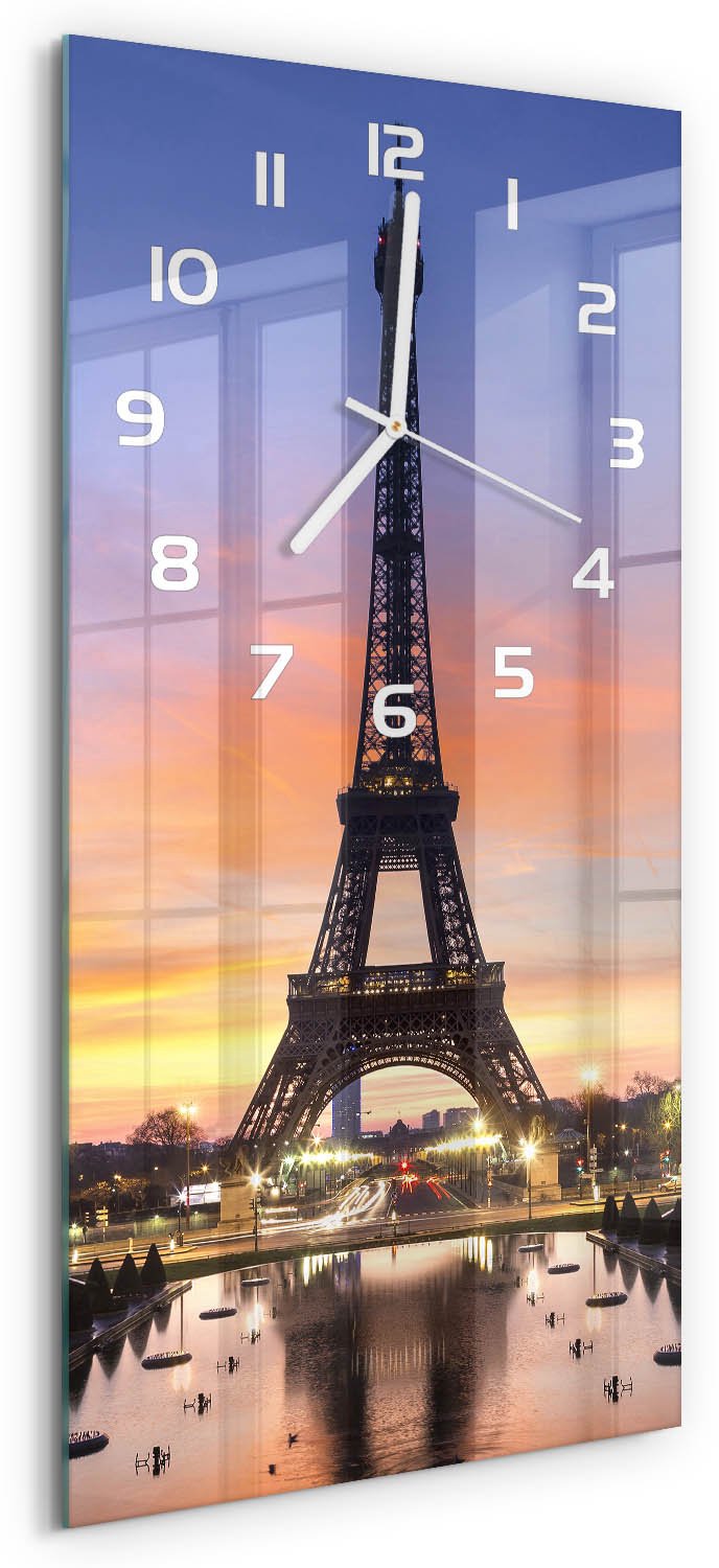 Tulup Wandklok - Eiffeltoren Parijs Glazen Klok Met Print - 30x60 cm - Oranje Wandklok Glas Met Motief - Witte handen - Rechthoekige Klok - Wandklok Glas Decoratie - Gekleurde Glazen Klok