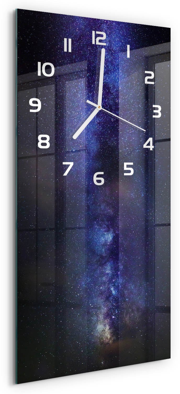 Tulup Wandklok - Melkweg Glazen Klok Met Print - 30x60 cm - Paars Wandklok Glas Met Motief - Witte handen - Rechthoekige Klok - Wandklok Glas Decoratie - Gekleurde Glazen Klok