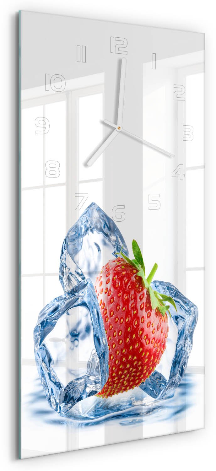 Tulup Wandklok - Aardbei met ijs Decoratieve Glazen Klok - 30x60 cm - Rood Glazen Wandklok Design - Witte handen - Rechthoekige Klok - Glazen Klok Met Print - Wandklok Glas Met Motief