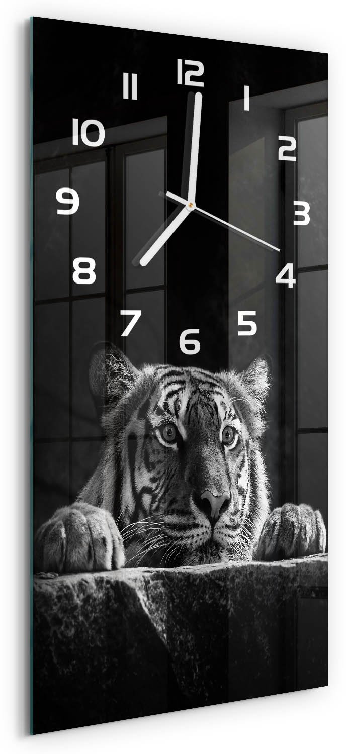 Tulup Wandklok - Tijger Wandklok Glas Decoratie - 30x60 cm - Zwart-wit Gekleurde Glazen Klok - Witte handen - Rechthoekige Klok - Klok Glas Met Opdruk - Moderne Wandklok Glas