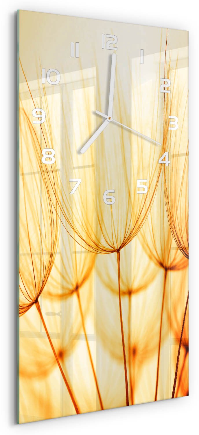 Tulup Wandklok - Paardenbloemzaden Wandklok Glas Met Motief - 30x60 cm - Geel Decoratieve Glazen Klok - Witte handen - Rechthoekige Klok - Gekleurde Glazen Klok - Glazen Klok Met Print