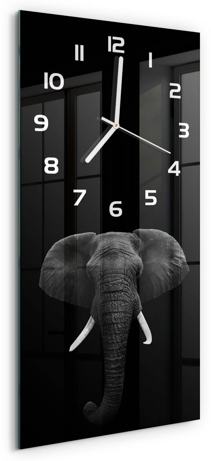 Tulup Wandklok - Afrikaanse olifant Wandklok Glas Met Motief - 30x60 cm - Zwart-wit Decoratieve Glazen Klok - Witte handen - Rechthoekige Klok - Gekleurde Glazen Klok - Glazen Klok Met Print