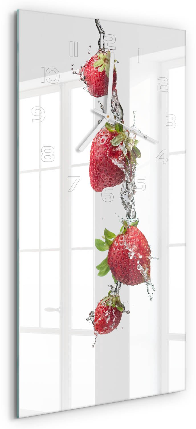 Tulup Wandklok - Aardbeien en water Glazen Klok Met Print - 30x60 cm - Rood Wandklok Glas Met Motief - Witte handen - Rechthoekige Klok - Wandklok Glas Decoratie - Gekleurde Glazen Klok
