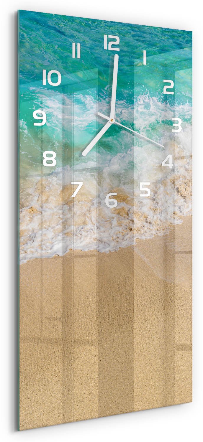 Tulup Wandklok - Strand en zee Wandklok Glas Met Motief - 30x60 cm - Blauw Decoratieve Glazen Klok - Witte handen - Rechthoekige Klok - Gekleurde Glazen Klok - Glazen Klok Met Print