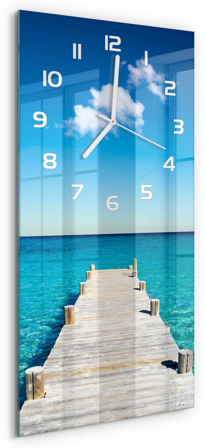 Tulup Wandklok - Houten brug Glazen Wandklok Design - 30x60 cm - Blauw Klok Glas Met Opdruk - Witte handen - Rechthoekige Klok - Wandklok Glas Met Motief - Decoratieve Glazen Klok