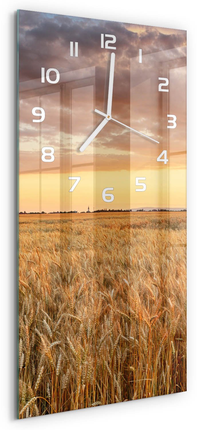 Tulup Wandklok - Tarweveld Moderne Wandklok Glas - 30x60 cm - Geel Wandklok Glas Decoratie - Witte handen - Rechthoekige Klok - Glazen Wandklok Design - Klok Glas Met Opdruk
