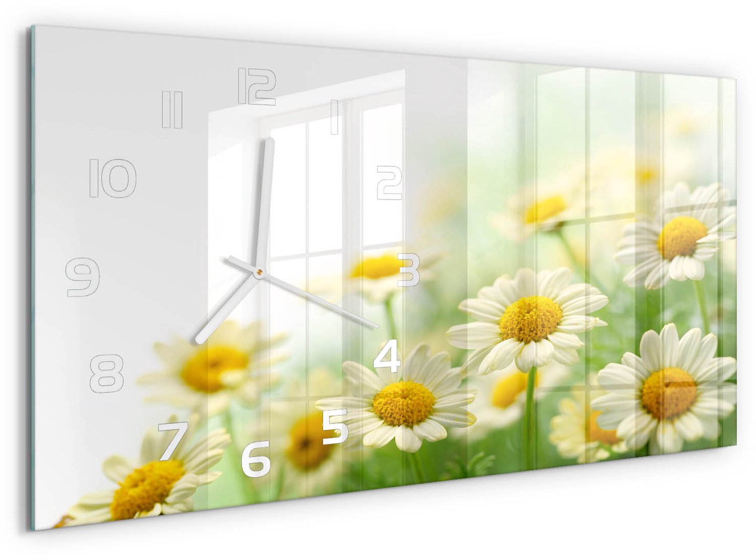 TULUP Wandklok - Madeliefje Moderne Wandklok Glas - 60x30 cm - Geel Wandklok Glas Decoratie - Witte handen - Rechthoekige Klok - Glazen Wandklok Design - Klok Glas Met Opdruk