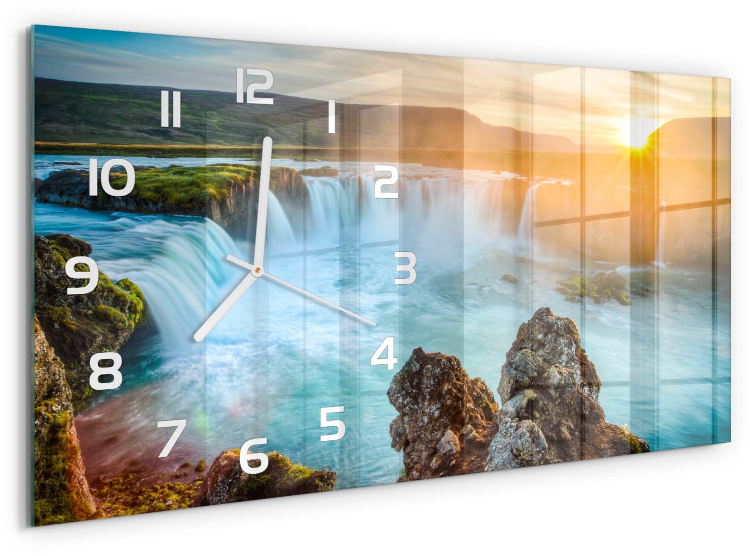 TULUP Wandklok - Waterval Gekleurde Glazen Klok - 60x30 cm - Geel Glazen Klok Met Print - Witte handen - Rechthoekige Klok - Moderne Wandklok Glas - Wandklok Glas Decoratie