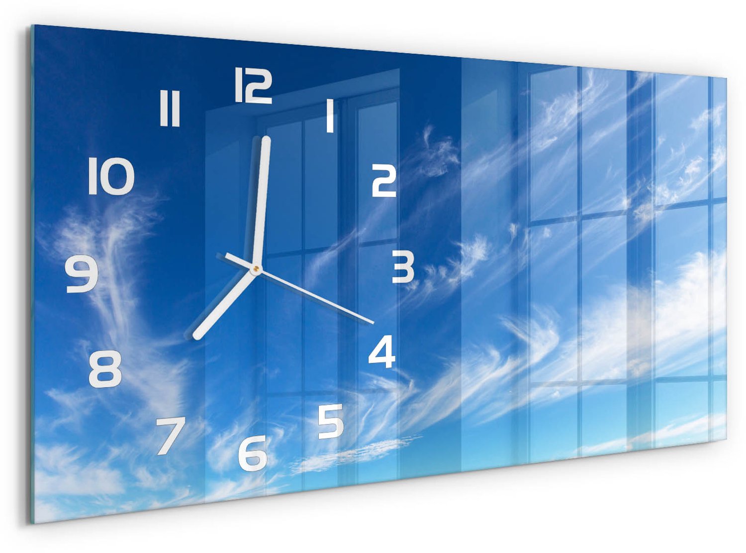TULUP Wandklok - Blauwe lucht Gekleurde Glazen Klok - 60x30 cm - Blauw Glazen Klok Met Print - Witte handen - Rechthoekige Klok - Moderne Wandklok Glas - Wandklok Glas Decoratie