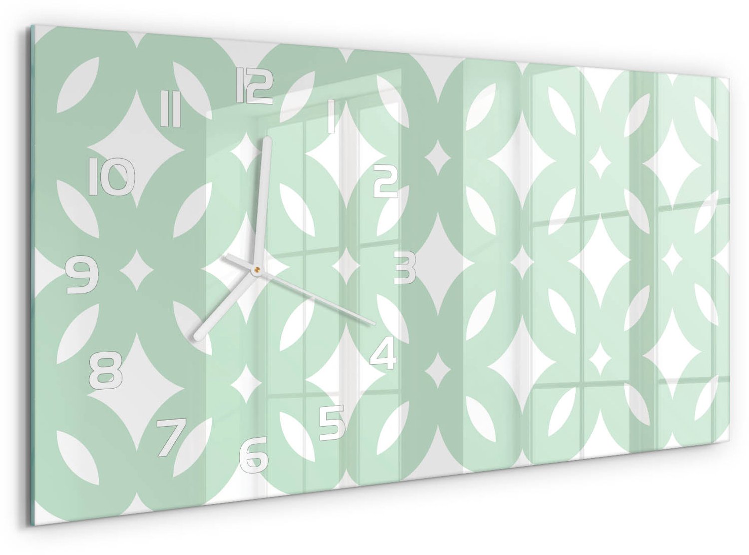 TULUP Wandklok - Geometrische achtergrond Glazen Klok Met Print - 60x30 cm - Groente Wandklok Glas Met Motief - Witte handen - Rechthoekige Klok - Wandklok Glas Decoratie - Gekleurde Glazen Klok