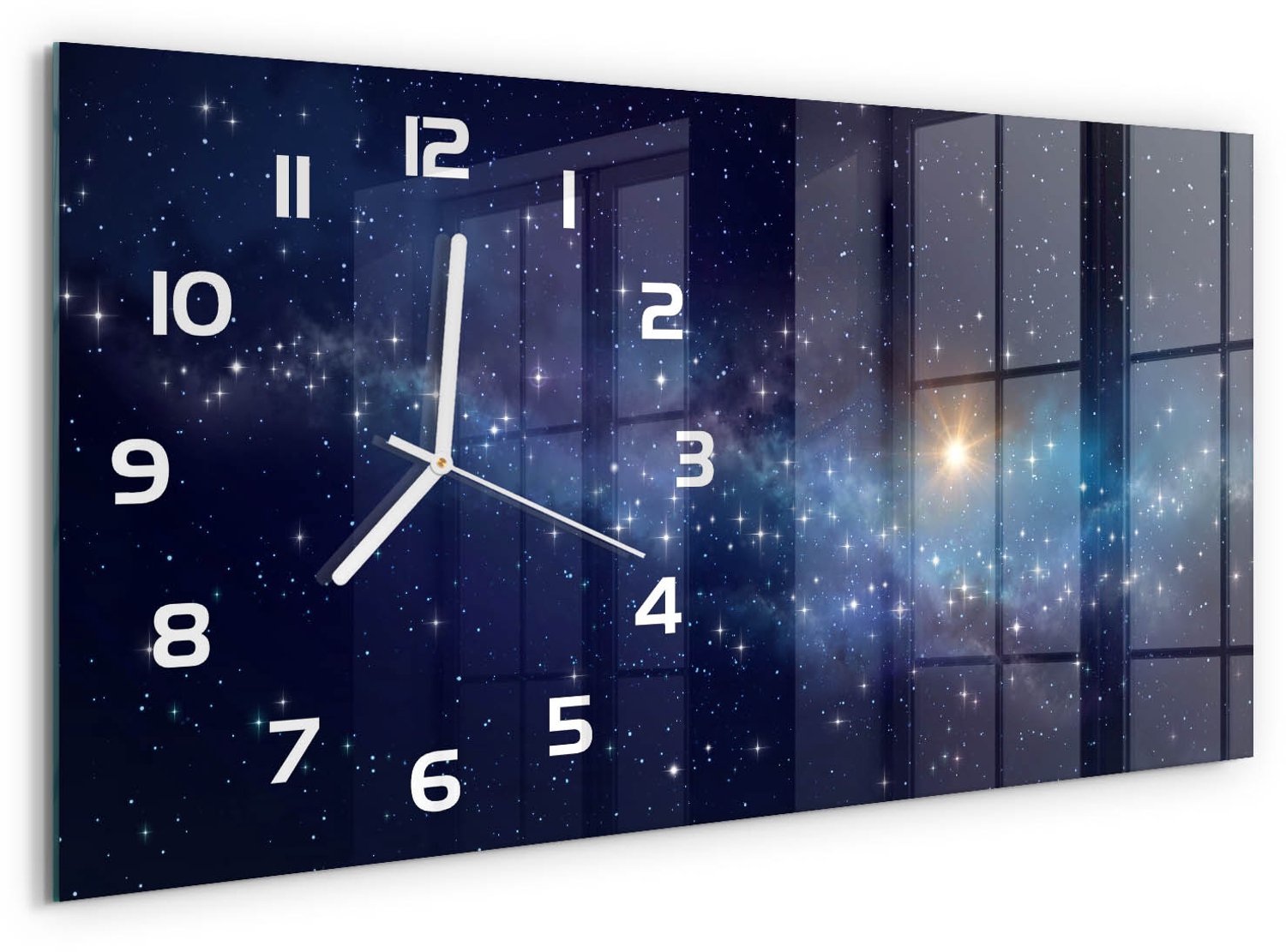 TULUP Wandklok - Melkwegstelsel Klok Glas Met Opdruk - 60x30 cm - Blauw Moderne Wandklok Glas - Witte handen - Rechthoekige Klok - Decoratieve Glazen Klok - Glazen Wandklok Design