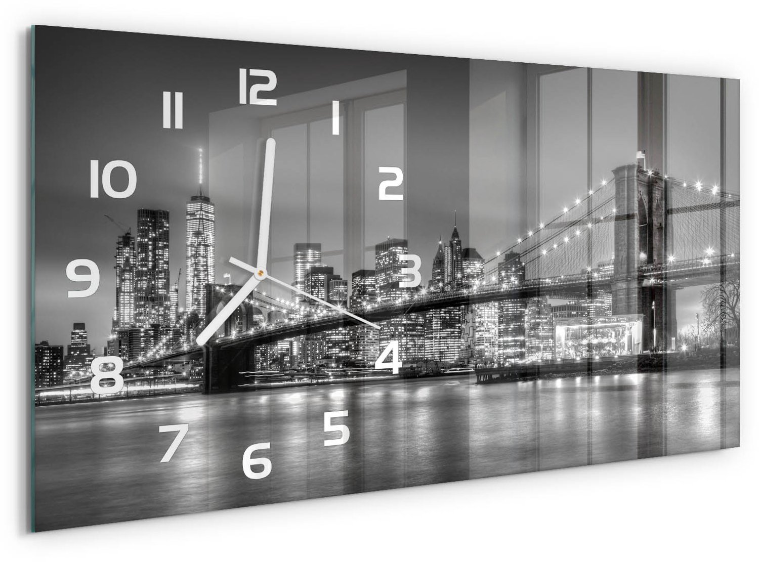TULUP Wandklok - Brooklynbrug Klok Glas Met Opdruk - 60x30 cm - Zwart-wit Moderne Wandklok Glas - Witte handen - Rechthoekige Klok - Decoratieve Glazen Klok - Glazen Wandklok Design