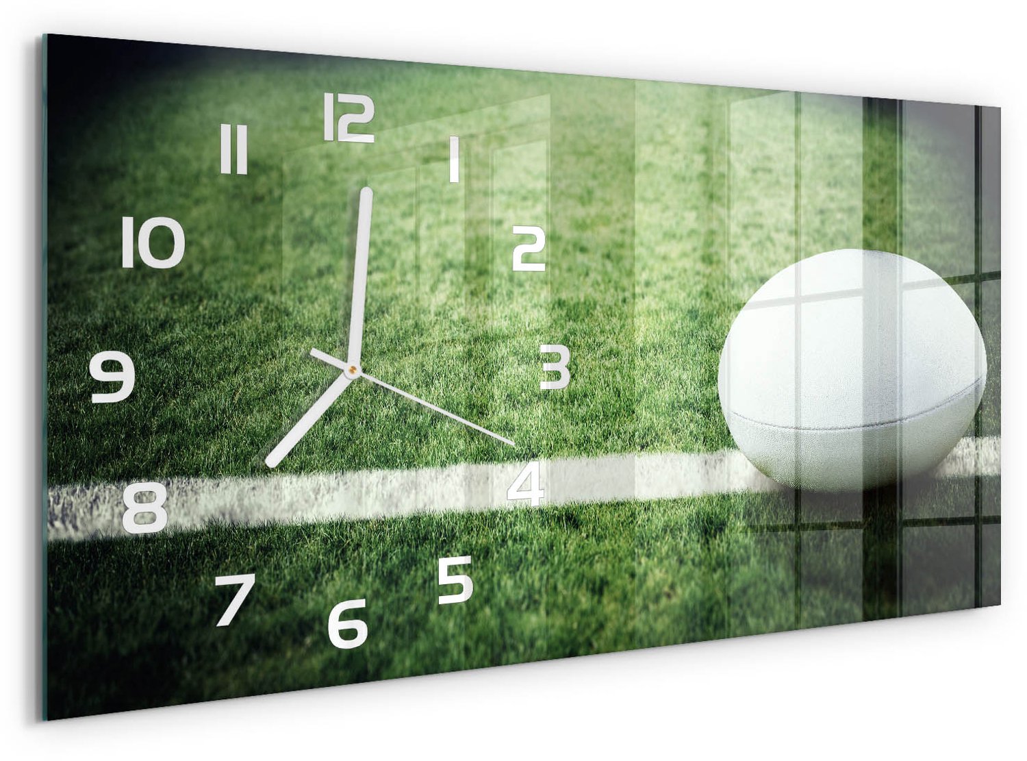 TULUP Wandklok - Rugbybal Glazen Wandklok Design - 60x30 cm - Groente Klok Glas Met Opdruk - Witte handen - Rechthoekige Klok - Wandklok Glas Met Motief - Decoratieve Glazen Klok
