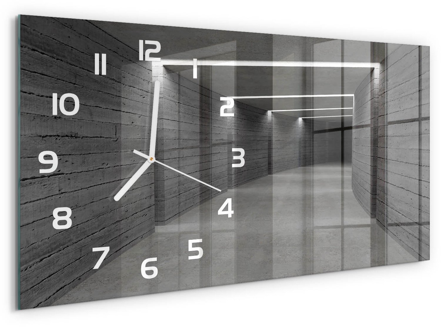 TULUP Wandklok - Betonnen tunnel Glazen Wandklok Design - 60x30 cm - Grijs Klok Glas Met Opdruk - Witte handen - Rechthoekige Klok - Wandklok Glas Met Motief - Decoratieve Glazen Klok