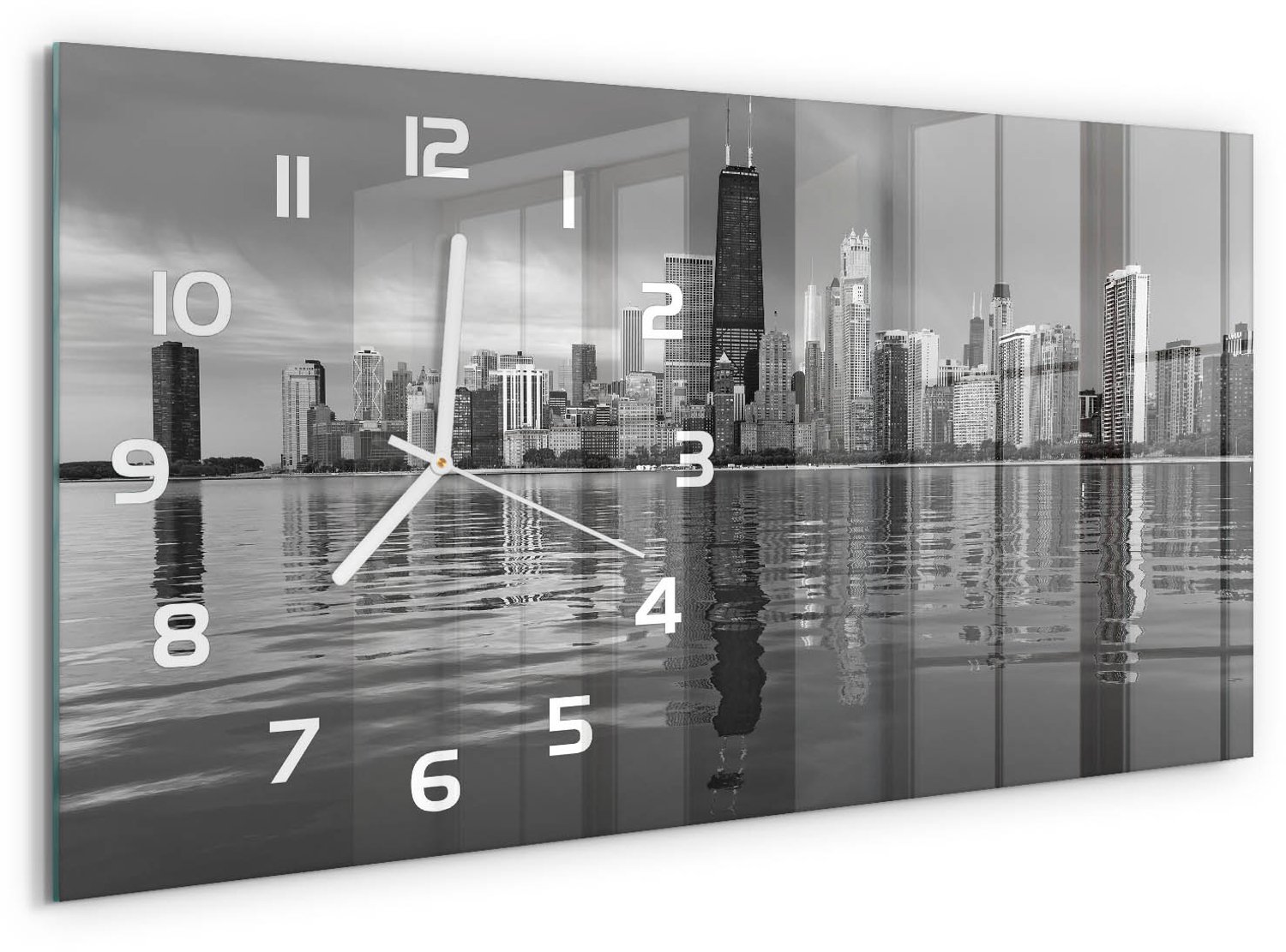 TULUP Wandklok - Chicago Wandklok Glas Decoratie - 60x30 cm - Zwart-wit Gekleurde Glazen Klok - Witte handen - Rechthoekige Klok - Klok Glas Met Opdruk - Moderne Wandklok Glas