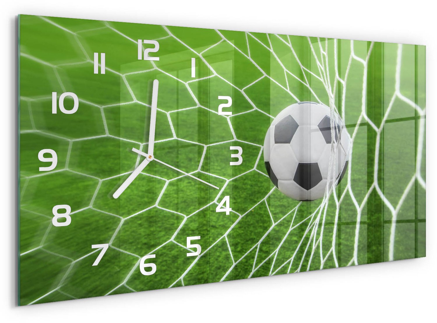 TULUP Wandklok - Bal in het doel Decoratieve Glazen Klok - 60x30 cm - Groente Glazen Wandklok Design - Witte handen - Rechthoekige Klok - Glazen Klok Met Print - Wandklok Glas Met Motief