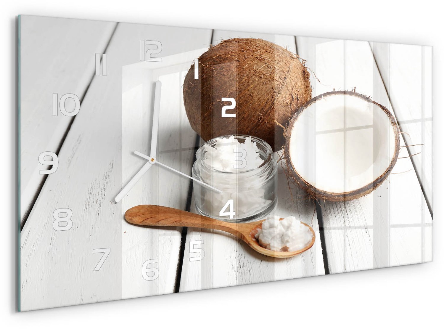 TULUP Wandklok - Kokosolie Wandklok Glas Decoratie - 60x30 cm - Bruin Gekleurde Glazen Klok - Witte handen - Rechthoekige Klok - Klok Glas Met Opdruk - Moderne Wandklok Glas