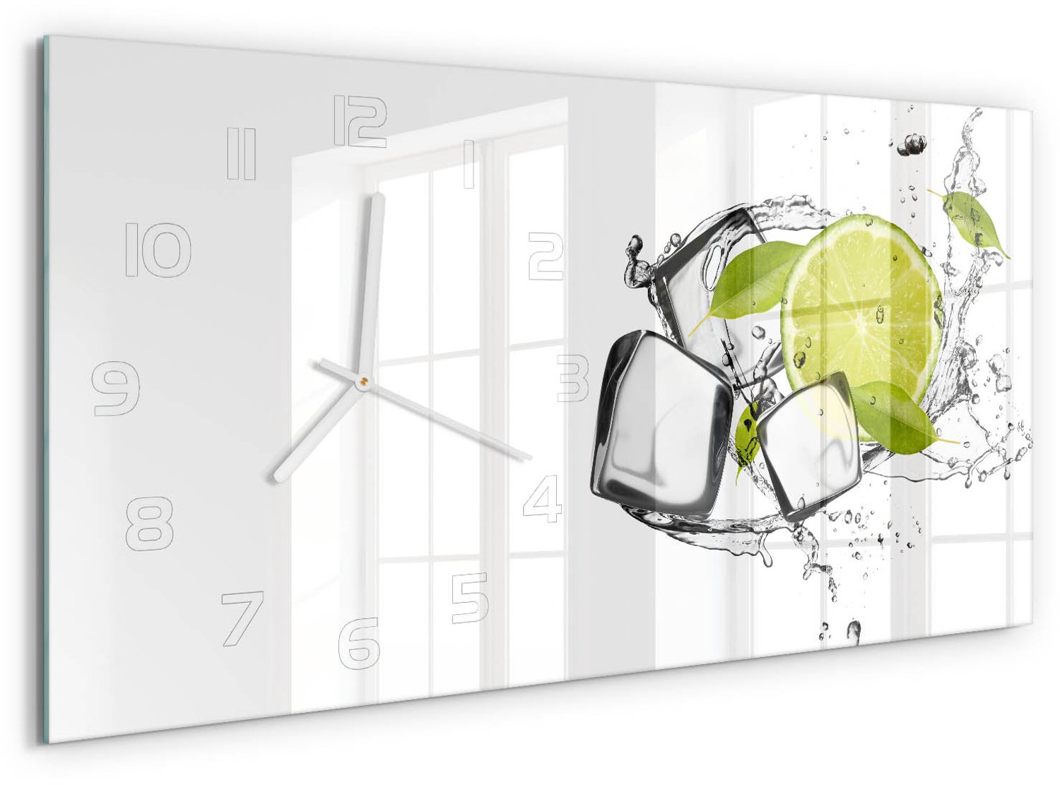 TULUP Wandklok - Limoen met ijs Decoratieve Glazen Klok - 60x30 cm - Groente Glazen Wandklok Design - Witte handen - Rechthoekige Klok - Glazen Klok Met Print - Wandklok Glas Met Motief