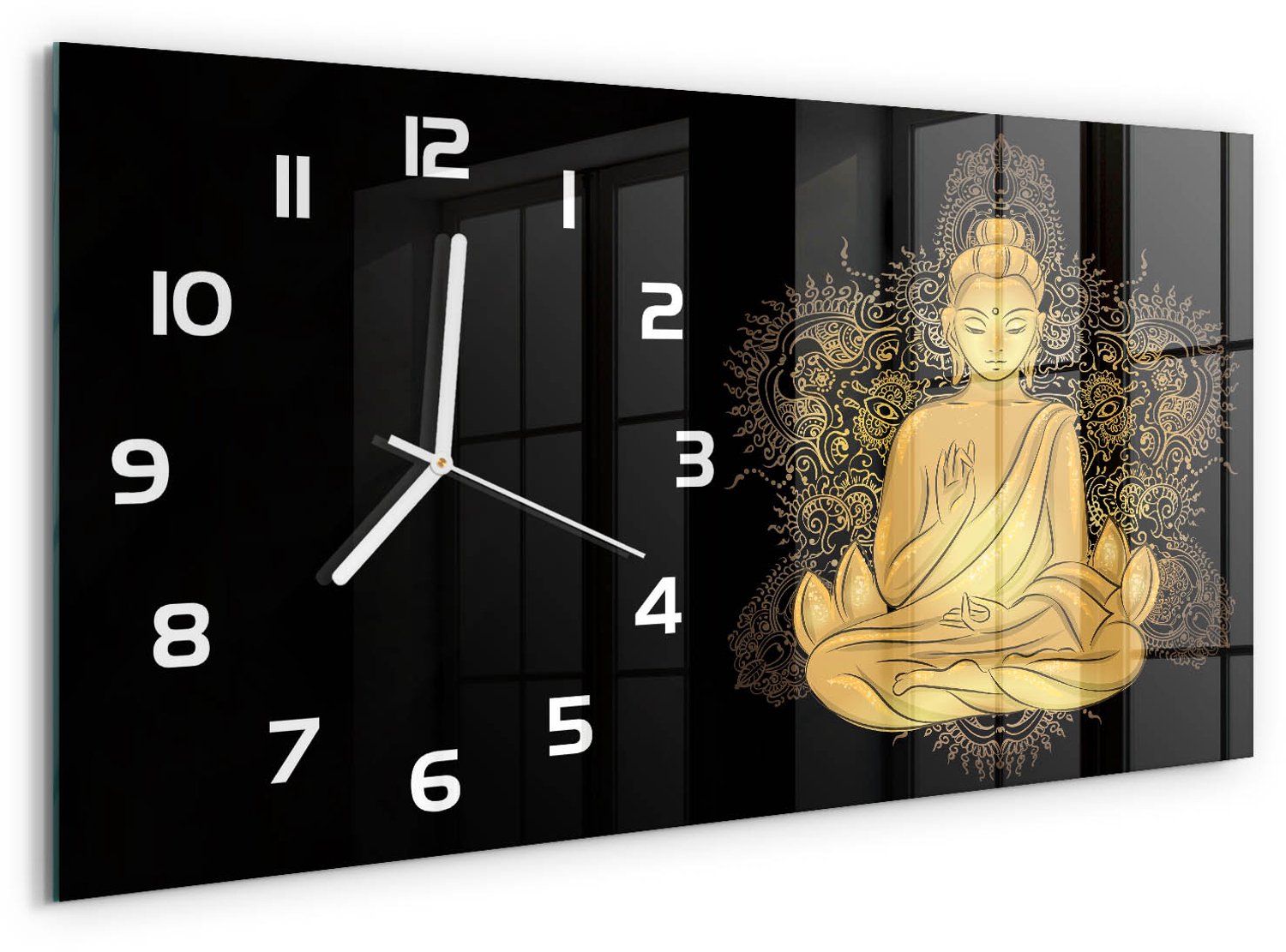 TULUP Wandklok - Boeddha en mandala Glazen Klok Met Print - 60x30 cm - Geel Wandklok Glas Met Motief - Witte handen - Rechthoekige Klok - Wandklok Glas Decoratie - Gekleurde Glazen Klok