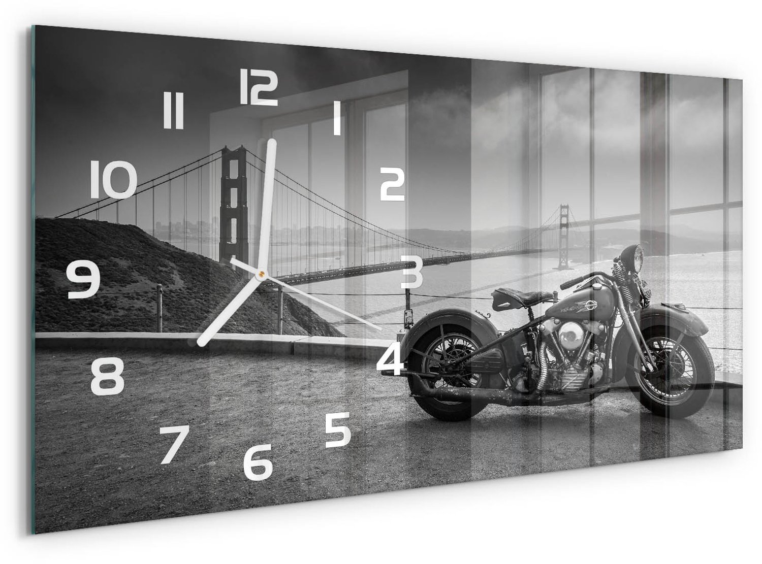 TULUP Wandklok - Motorfiets Wandklok Glas Met Motief - 60x30 cm - Zwart-wit Decoratieve Glazen Klok - Witte handen - Rechthoekige Klok - Gekleurde Glazen Klok - Glazen Klok Met Print