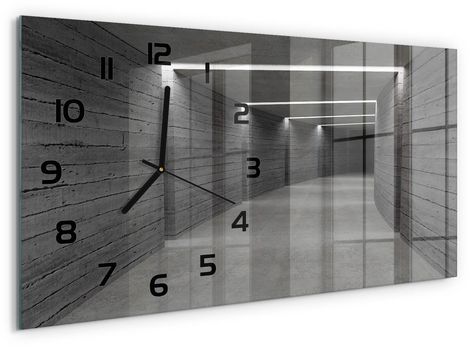 TULUP Wandklok - Betonnen tunnel Gekleurde Glazen Klok - 60x30 cm - Grijs Glazen Klok Met Print - Zwarte handen - Rechthoekige Klok - Moderne Wandklok Glas - Wandklok Glas Decoratie