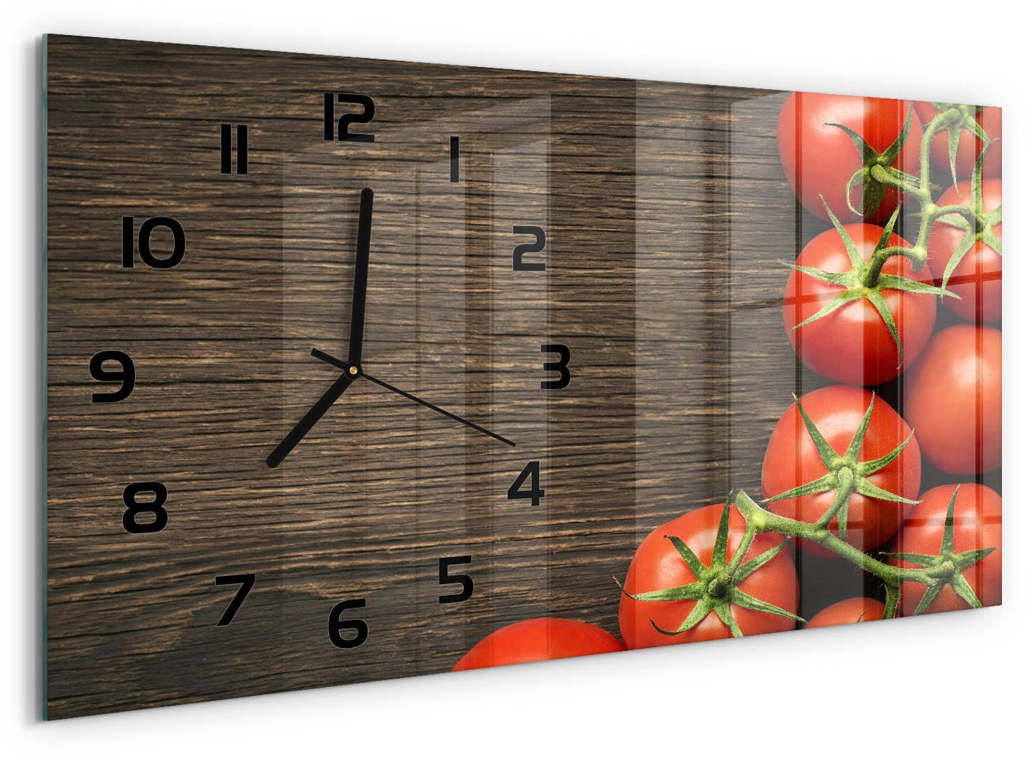 TULUP Wandklok - Tomaten op hout Klok Glas Met Opdruk - 60x30 cm - Rood Moderne Wandklok Glas - Zwarte handen - Rechthoekige Klok - Decoratieve Glazen Klok - Glazen Wandklok Design