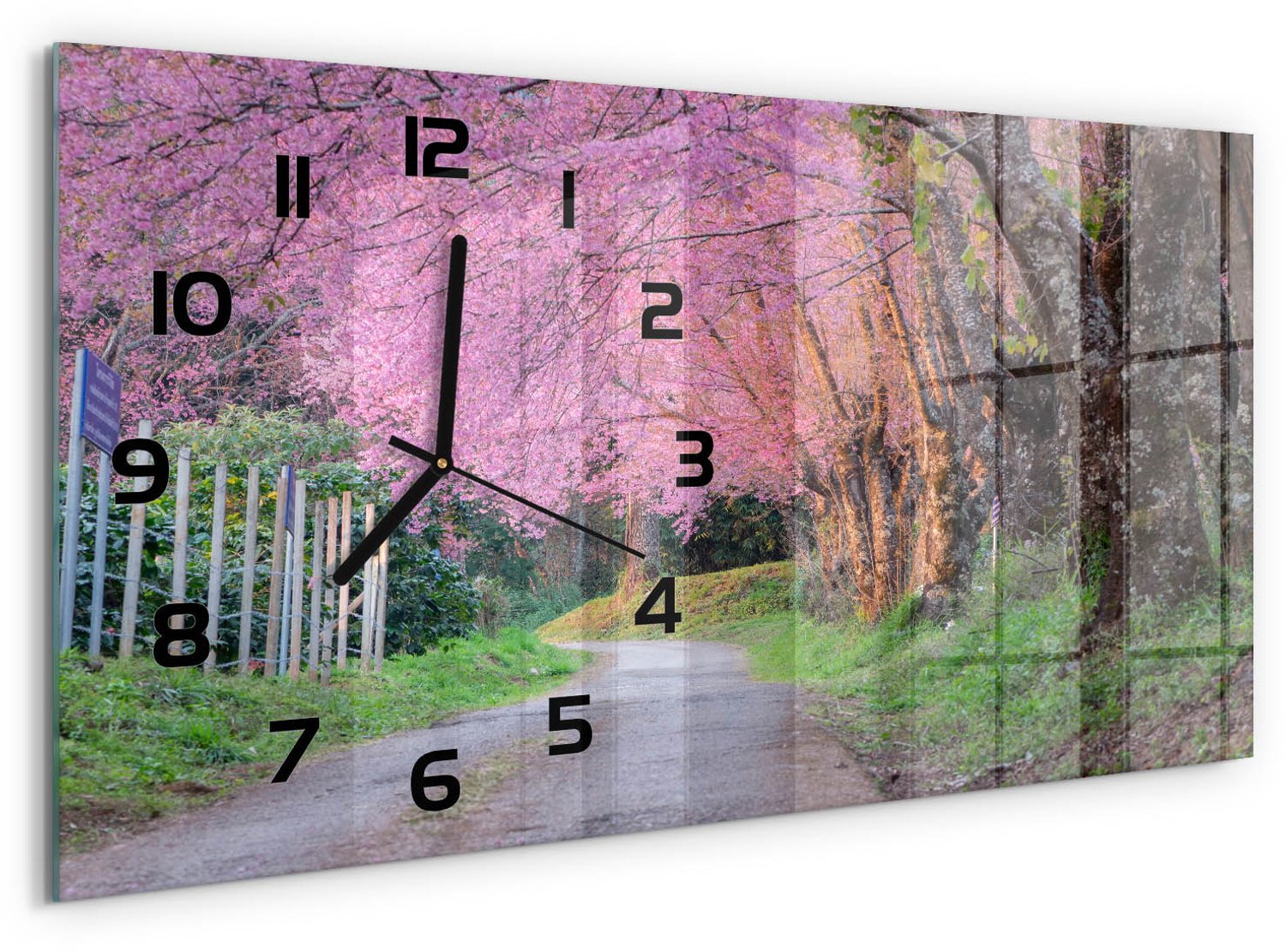 TULUP Wandklok - Kersenbloesem Glazen Klok Met Print - 60x30 cm - Roze Wandklok Glas Met Motief - Zwarte handen - Rechthoekige Klok - Wandklok Glas Decoratie - Gekleurde Glazen Klok