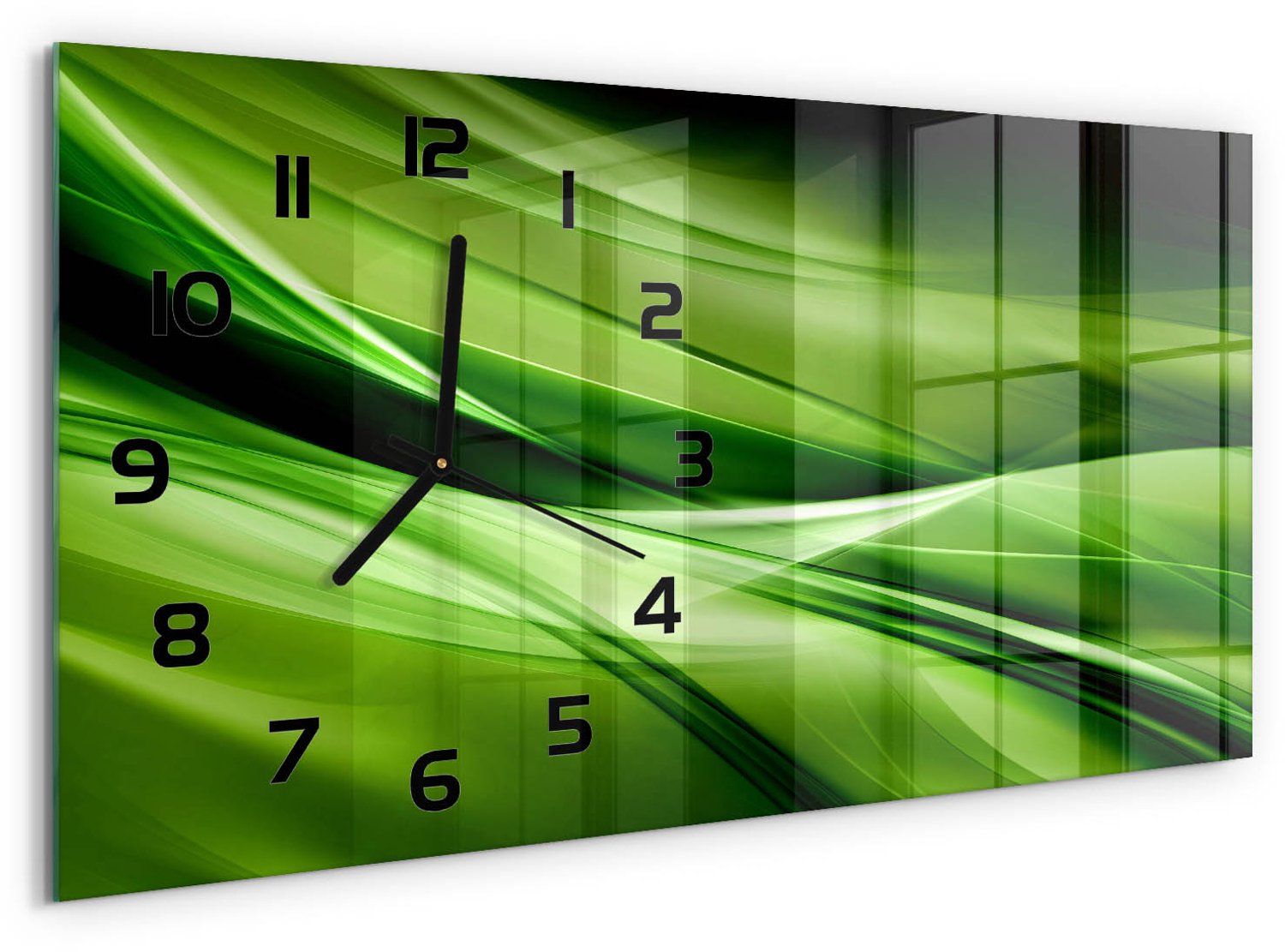 TULUP Wandklok - Groene golven achtergrond Gekleurde Glazen Klok - 60x30 cm - Groente Glazen Klok Met Print - Zwarte handen - Rechthoekige Klok - Moderne Wandklok Glas - Wandklok Glas Decoratie