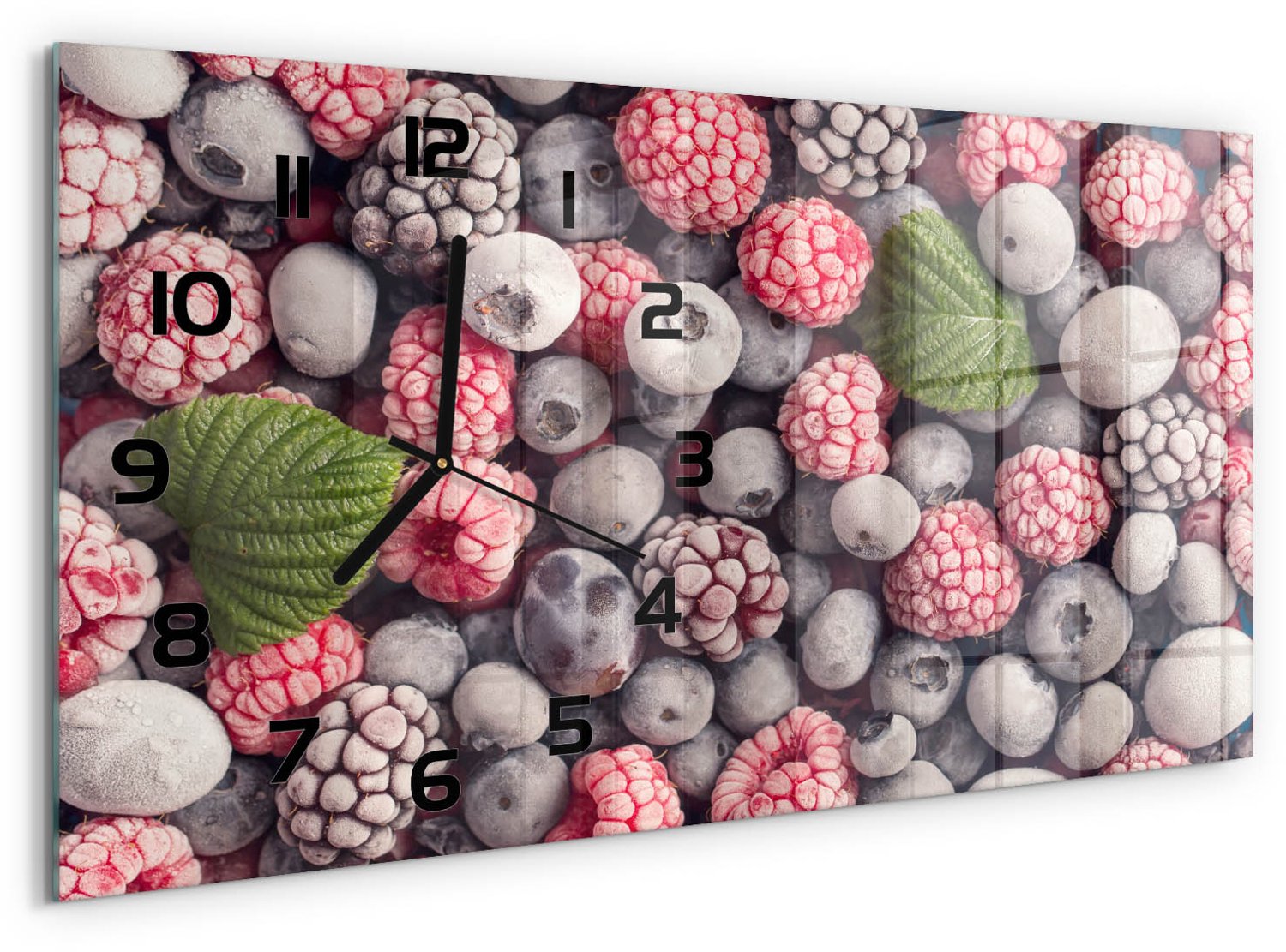TULUP Wandklok - Bevroren bosvruchten Glazen Klok Met Print - 60x30 cm - Blauw Wandklok Glas Met Motief - Zwarte handen - Rechthoekige Klok - Wandklok Glas Decoratie - Gekleurde Glazen Klok