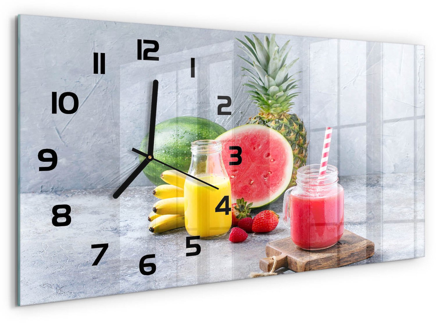 TULUP Wandklok - Fruitcocktail Decoratieve Glazen Klok - 60x30 cm - Veelkleurig Glazen Wandklok Design - Zwarte handen - Rechthoekige Klok - Glazen Klok Met Print - Wandklok Glas Met Motief